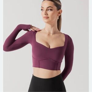 Popflex Flattering Womens Long Sleeve Workout Fitness Gym Red Maroon Top Small